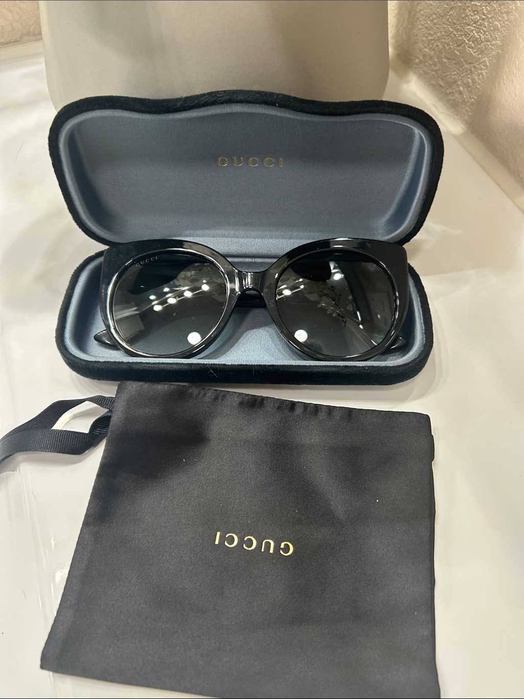 Gucci Black Oversized Round Women's Sunglasses Brand New With Case And Bag Cloth